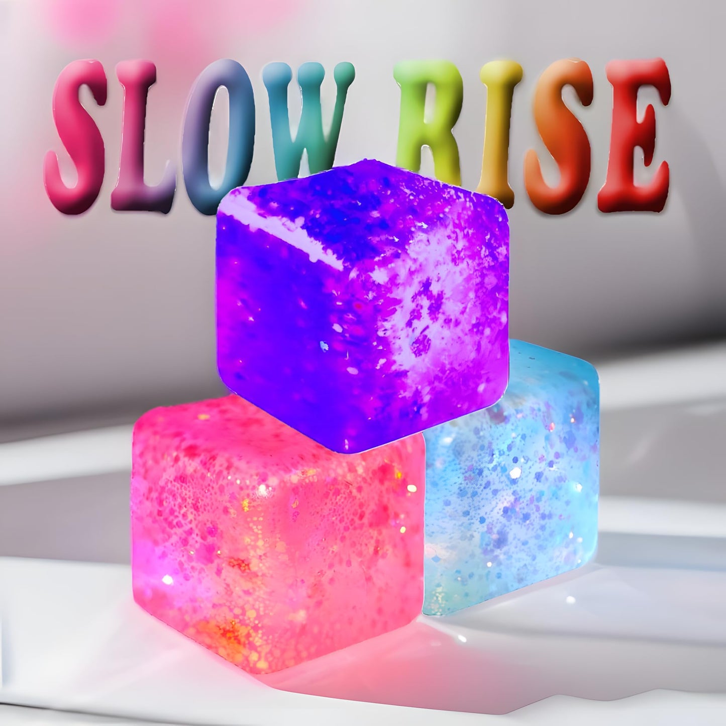 Glitter Squishy Cube Pack of 3 - Fidget Toys for Kids Slow Rise Stress Cubes for Adults Ice Cube Squishy Malt Sugar Stress Balls for Anxiety Relief & Classroom Fidget(Blue/Pink/Purple)