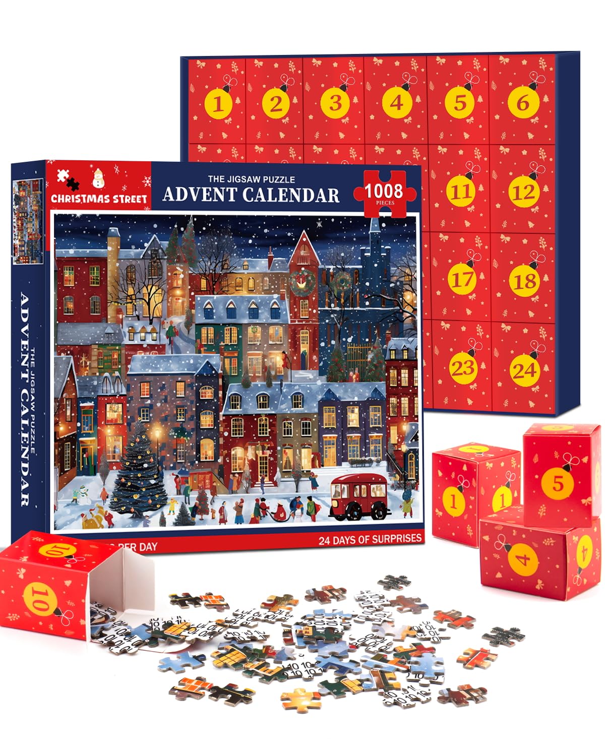 Jigsaw Puzzle Advent Calendar 2024 for Adult Kids-24 Box Christmas Countdown Calendar Family Puzzle GameChristmas Street1008 Piece19.7 inches x 27.6 inch